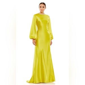 Bishop Sleeve Satin Fit and Flare Embellished Neckline Dress by Mac Duggal